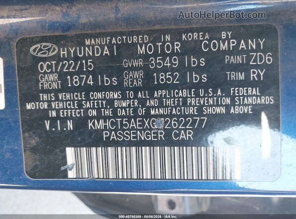 KMHCT5AEXGU262277 2016 HYUNDAI ACCENT Blue Շարժիչի բաժամունքի տեսք