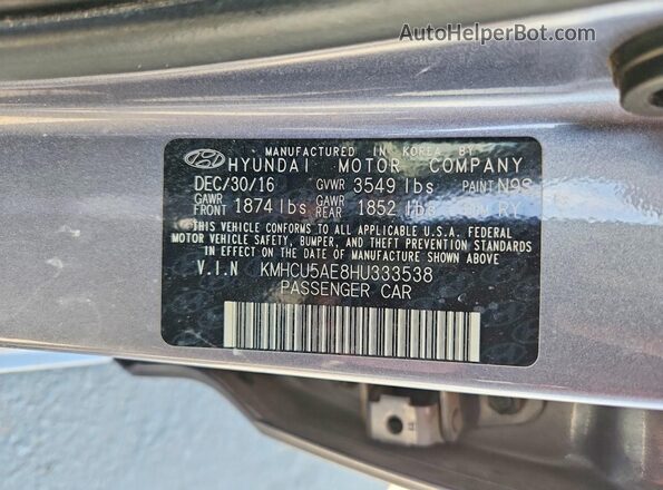 KMHCU5AE8HU333538 2017 HYUNDAI ACCENT Gray VIN კოდის სტიკერის ხედი
