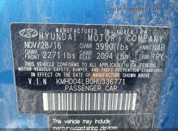 KMHD04LB0HU336771 2017 HYUNDAI ELANTRA Blue Вид підкапотного простору
