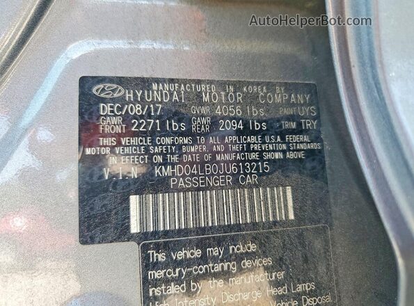 KMHD04LB0JU613215 2018 HYUNDAI ELANTRA Gray ძრავის განყოფილების ხედი