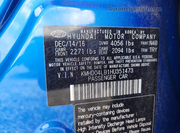 KMHD04LB1HU351473 2017 HYUNDAI ELANTRA Blue Widok naklejki z numerem VIN