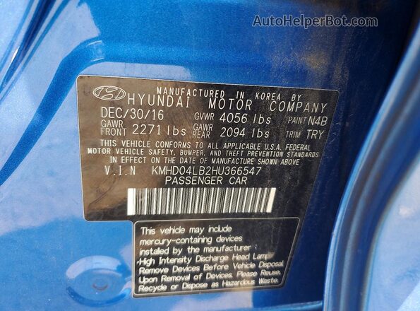 KMHD04LB2HU366547 2017 HYUNDAI ELANTRA Blue Engine compartment view