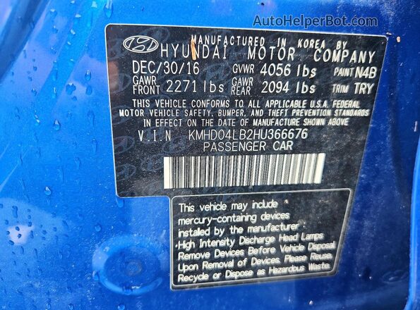 KMHD04LB2HU366676 2017 HYUNDAI ELANTRA Blue Вид підкапотного простору