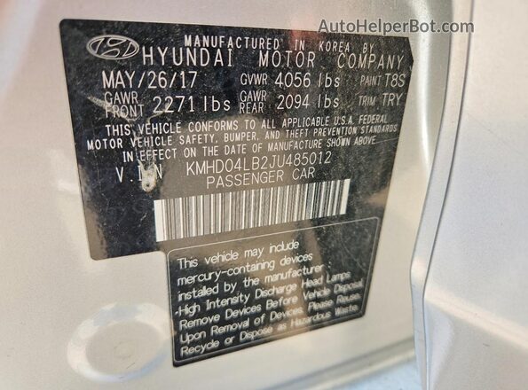 KMHD04LB2JU485012 2018 HYUNDAI ELANTRA Silver ძრავის განყოფილების ხედი