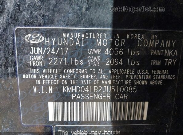 KMHD04LB2JU510085 2018 HYUNDAI ELANTRA Black Vista del compartimento del motor