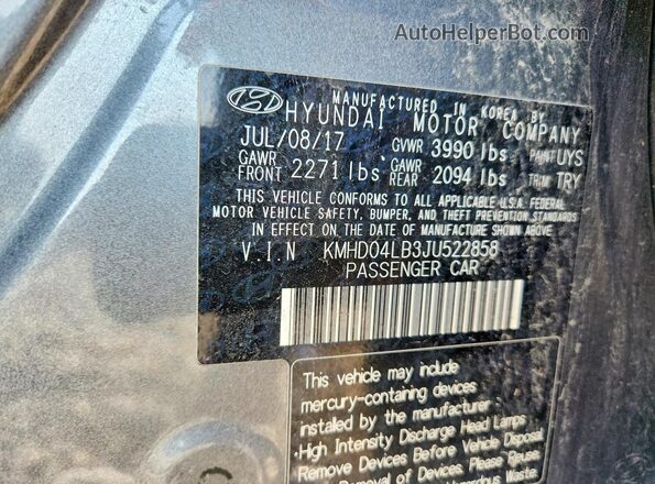 KMHD04LB3JU522858 2018 HYUNDAI ELANTRA Gray Շարժիչի բաժամունքի տեսք