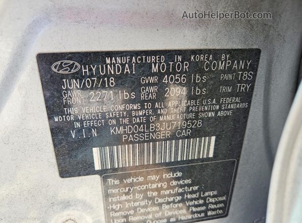 KMHD04LB3JU719528 2018 HYUNDAI ELANTRA Silver Вид наклейки з VIN-кодом