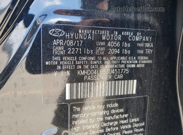 KMHD04LB5JU451775 2018 HYUNDAI ELANTRA Black ძრავის განყოფილების ხედი