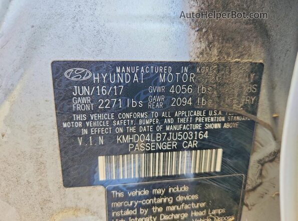 KMHD04LB7JU503164 2018 HYUNDAI ELANTRA Серебряный Вид наклейки с VIN-кодом