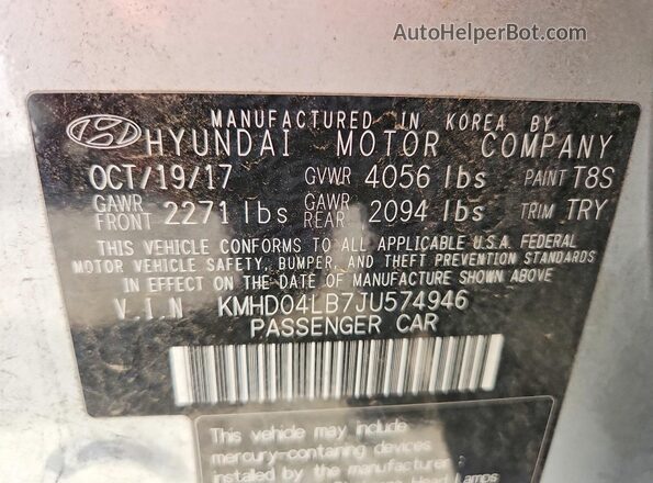 KMHD04LB7JU574946 2018 HYUNDAI ELANTRA Silver Вид підкапотного простору