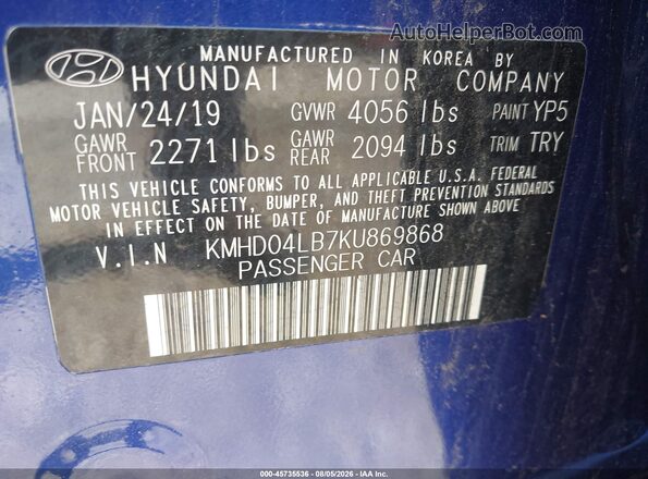 KMHD04LB7KU869868 2019 HYUNDAI ELANTRA Blue Вид салону спереду