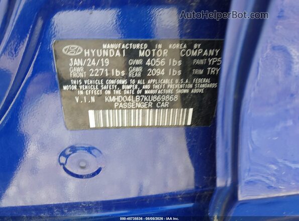 KMHD04LB7KU869868 2019 HYUNDAI ELANTRA Blue Вид підкапотного простору