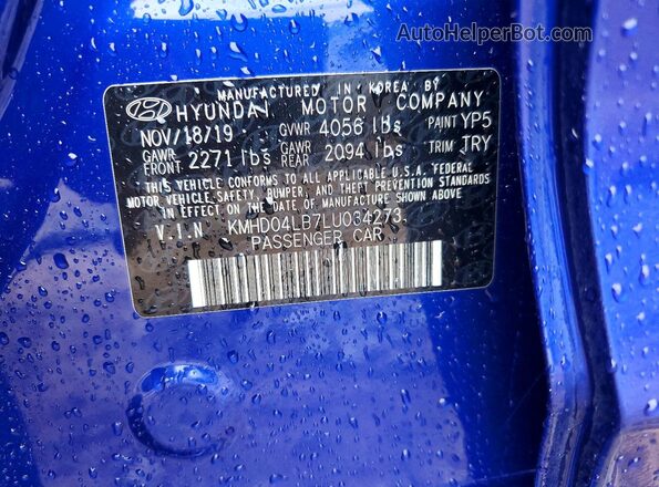KMHD04LB7LU034273 2020 HYUNDAI ELANTRA Blue ძრავის განყოფილების ხედი