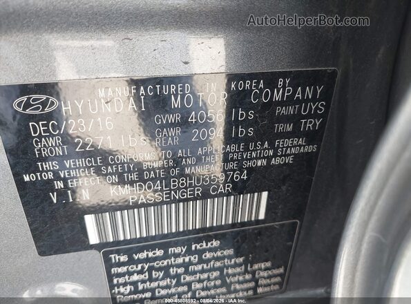 KMHD04LB8HU359764 2017 HYUNDAI ELANTRA Gray Vista del compartimento del motor