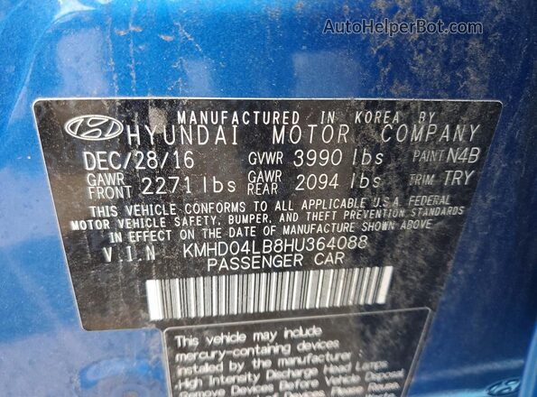KMHD04LB8HU364088 2017 HYUNDAI ELANTRA Blue Շարժիչի բաժամունքի տեսք