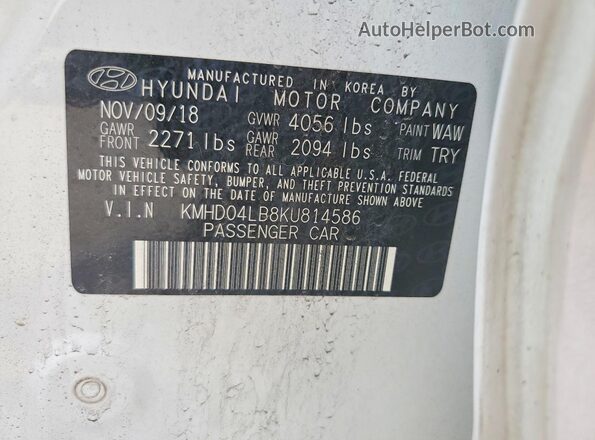 KMHD04LB8KU814586 2019 HYUNDAI ELANTRA Белый Вид подкапотного пространства