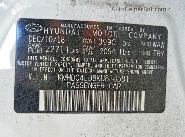 KMHD04LB8KU838581 2019 HYUNDAI ELANTRA White Vista del compartimento del motor