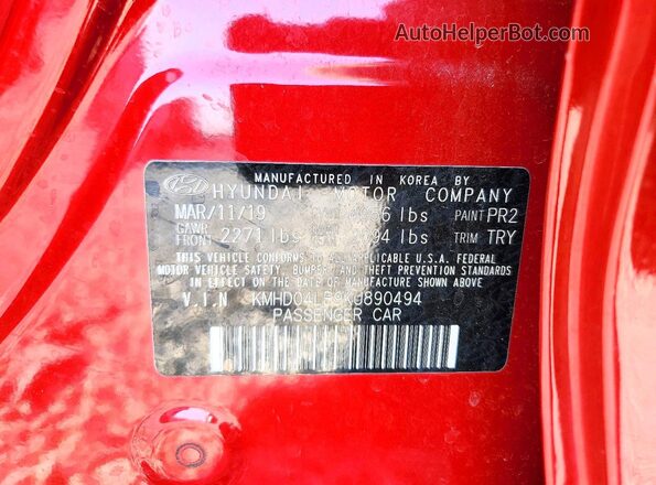 KMHD04LB9KU890494 2019 HYUNDAI ELANTRA Red Engine compartment view