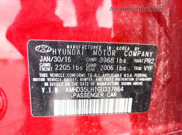 KMHD35LH1GU337864 2016 HYUNDAI ELANTRA Red Vista del compartimento del motor