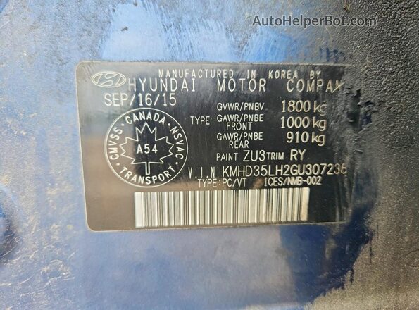 KMHD35LH2GU307238 2016 HYUNDAI ELANTRA Blue Widok komory silnika