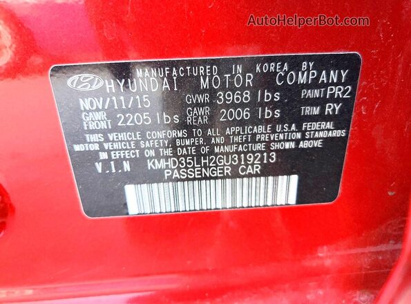 KMHD35LH2GU319213 2016 HYUNDAI ELANTRA Красный Вид подкапотного пространства