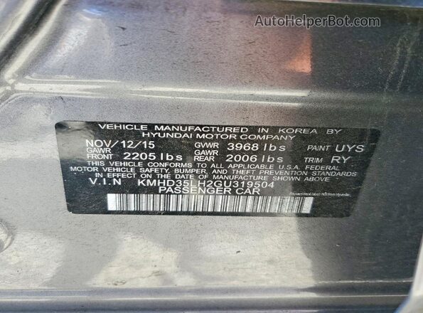 KMHD35LH2GU319504 2016 HYUNDAI ELANTRA Gray Widok naklejki z numerem VIN