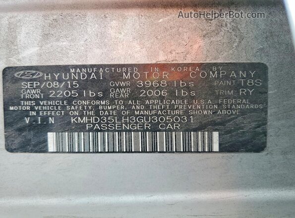 KMHD35LH3GU305031 2016 HYUNDAI ELANTRA Silver VIN კოდის სტიკერის ხედი