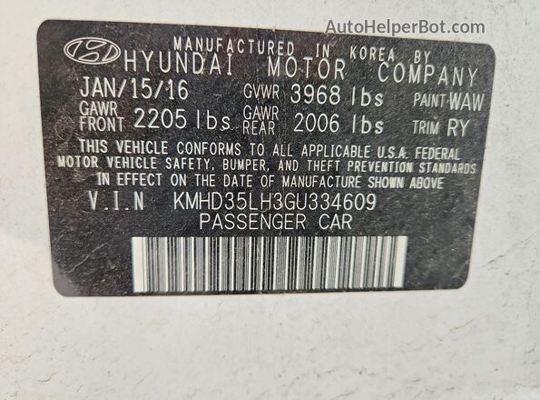 KMHD35LH3GU334609 2016 HYUNDAI ELANTRA White ძრავის განყოფილების ხედი