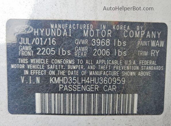 KMHD35LH4HU360959 2017 HYUNDAI ELANTRA White Շարժիչի բաժամունքի տեսք