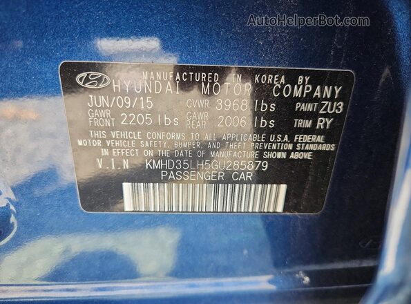 KMHD35LH5GU285879 2016 HYUNDAI ELANTRA Blue Widok komory silnika
