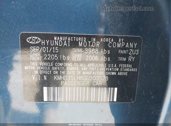 KMHD35LH6GU303578 2016 HYUNDAI ELANTRA GT Blue Вид підкапотного простору