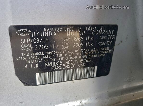 KMHD35LH6GU305265 2016 HYUNDAI ELANTRA Blue Widok naklejki z numerem VIN