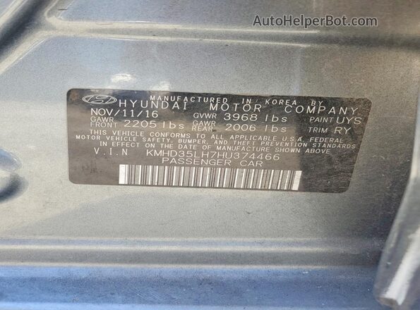 KMHD35LH7HU374466 2017 HYUNDAI ELANTRA Silver Vista del compartimento del motor