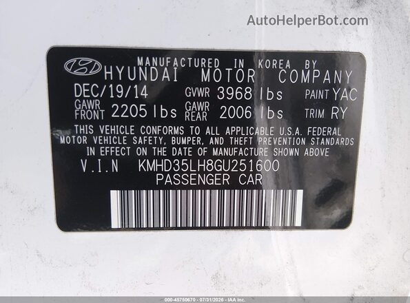 KMHD35LH8GU251600 2016 HYUNDAI ELANTRA GT White Vista del compartimento del motor