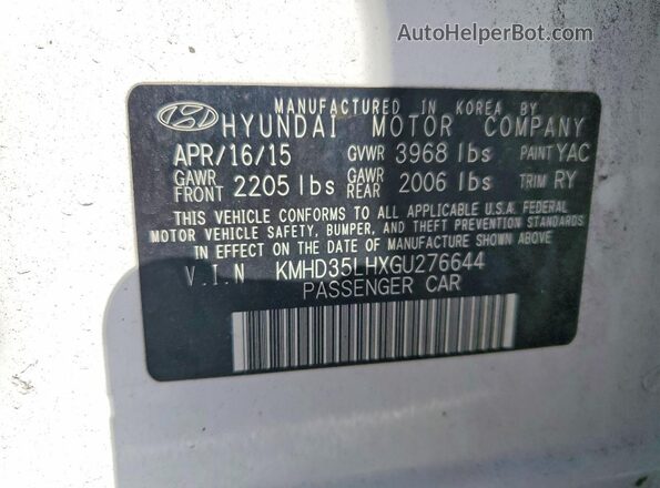 KMHD35LHXGU276644 2016 HYUNDAI ELANTRA White ძრავის განყოფილების ხედი