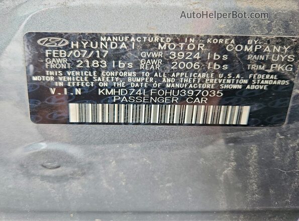 KMHD74LF0HU397035 2017 HYUNDAI ELANTRA Gray Vista del compartimento del motor