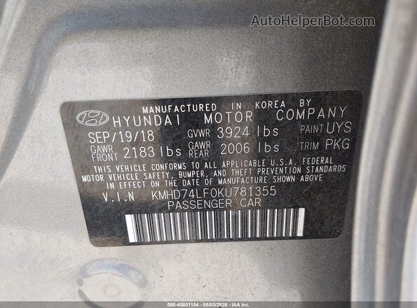 KMHD74LF0KU781355 2019 HYUNDAI ELANTRA Gray Vista del compartimento del motor