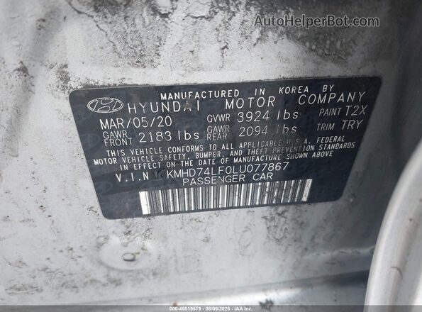 KMHD74LF0LU077867 2020 HYUNDAI ELANTRA Серебряный Вид подкапотного пространства