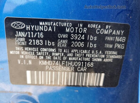 KMHD74LF1HU091168 2017 HYUNDAI ELANTRA Blue ძრავის განყოფილების ხედი