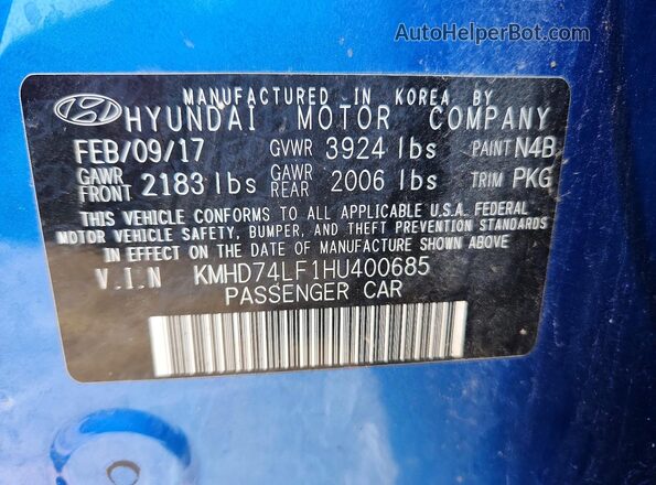 KMHD74LF1HU400685 2017 HYUNDAI ELANTRA Blue Engine compartment view
