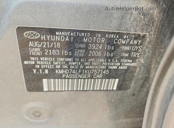 KMHD74LF1KU757145 2019 HYUNDAI ELANTRA Gray Вид наклейки з VIN-кодом