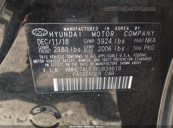 KMHD74LF1KU839618 2019 HYUNDAI ELANTRA Black Vista del compartimento del motor