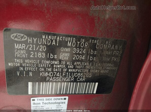 KMHD74LF1LU086285 2020 HYUNDAI ELANTRA Red ძრავის განყოფილების ხედი
