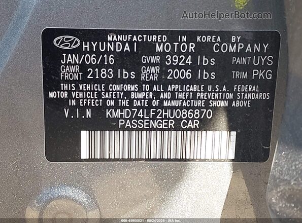 KMHD74LF2HU086870 2017 HYUNDAI ELANTRA Gray Շարժիչի բաժամունքի տեսք