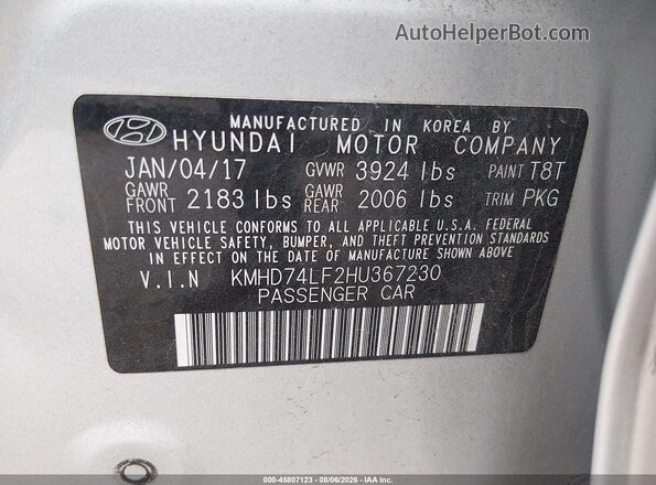 KMHD74LF2HU367230 2017 HYUNDAI ELANTRA Silver Vista del compartimento del motor