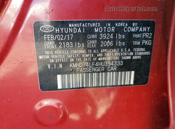 KMHD74LF4HU394333 2017 HYUNDAI ELANTRA Red Engine compartment view