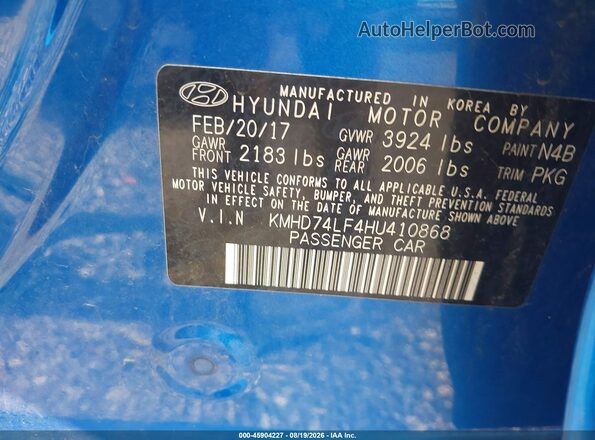 KMHD74LF4HU410868 2017 HYUNDAI ELANTRA Blue ძრავის განყოფილების ხედი