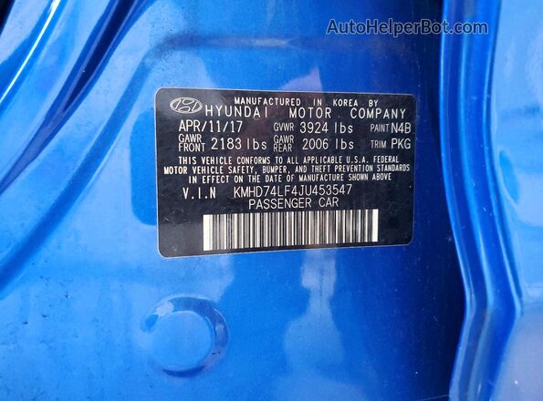 KMHD74LF4JU453547 2018 HYUNDAI ELANTRA Синий Вид наклейки с VIN-кодом