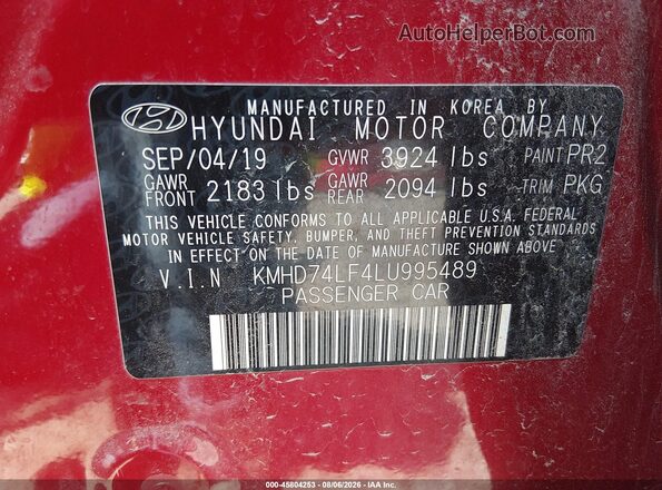 KMHD74LF4LU995489 2020 HYUNDAI ELANTRA Red Widok komory silnika