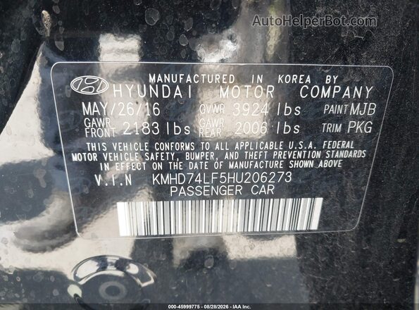 KMHD74LF5HU206273 2017 HYUNDAI ELANTRA Black ძრავის განყოფილების ხედი